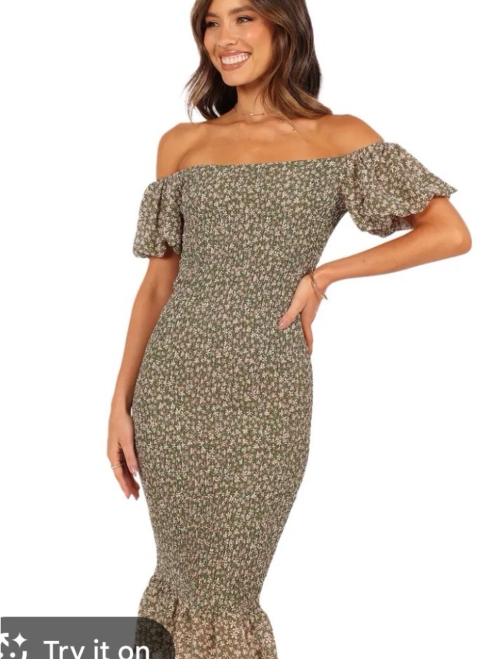 Petal & Pup Olive Floral Off-Shoulder Midi Dress
